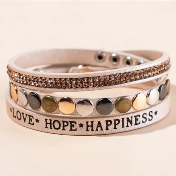 Glamorous Boho PU Leather Bracelet with LOVE HOPE HAPPINESS and Rhinestones - Picture 1 of 2